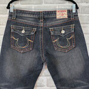 VTG True Religion Joey Made in USA Flare Jeans 31 Black Orange Big T 8" Low Rise